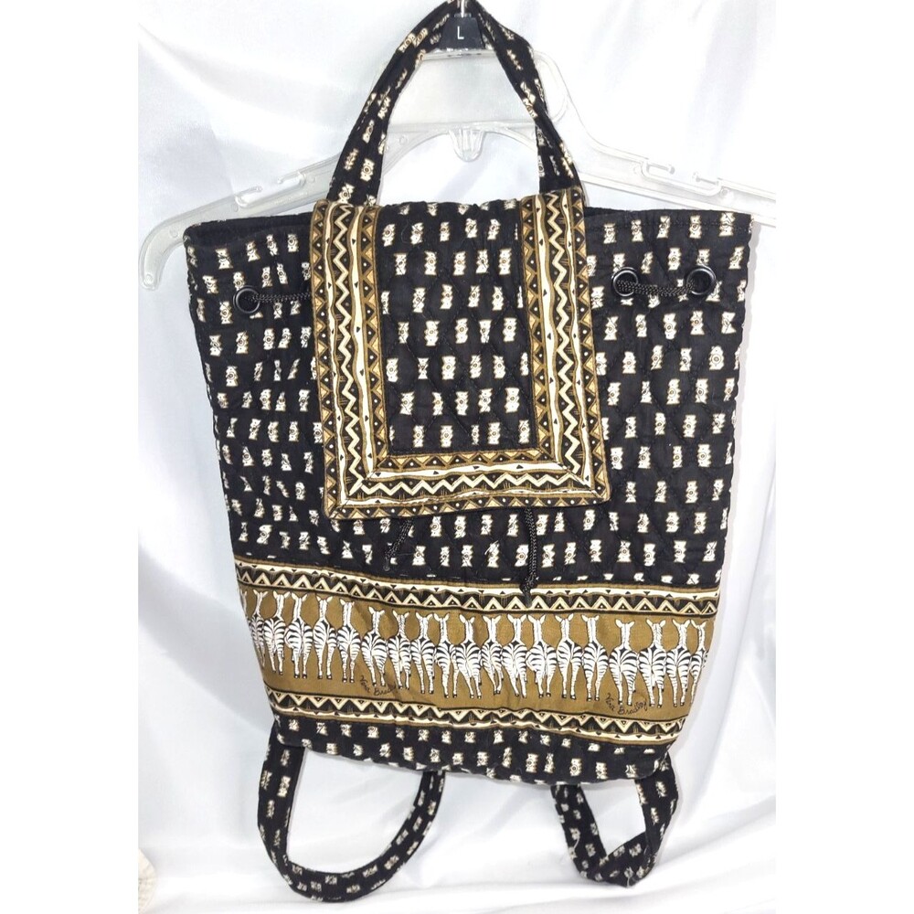 Vera Bradley Zebra Print Quilted Backpack Black Tan Drawstring Flap Vintage